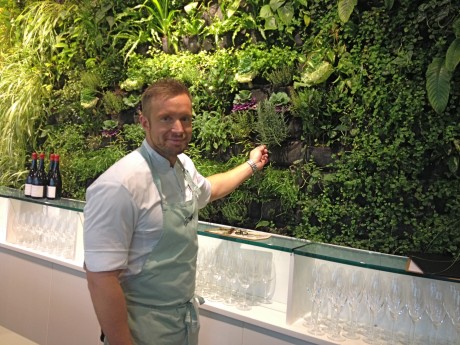 Jonas Lundgren framför sin gröna örtvägg.