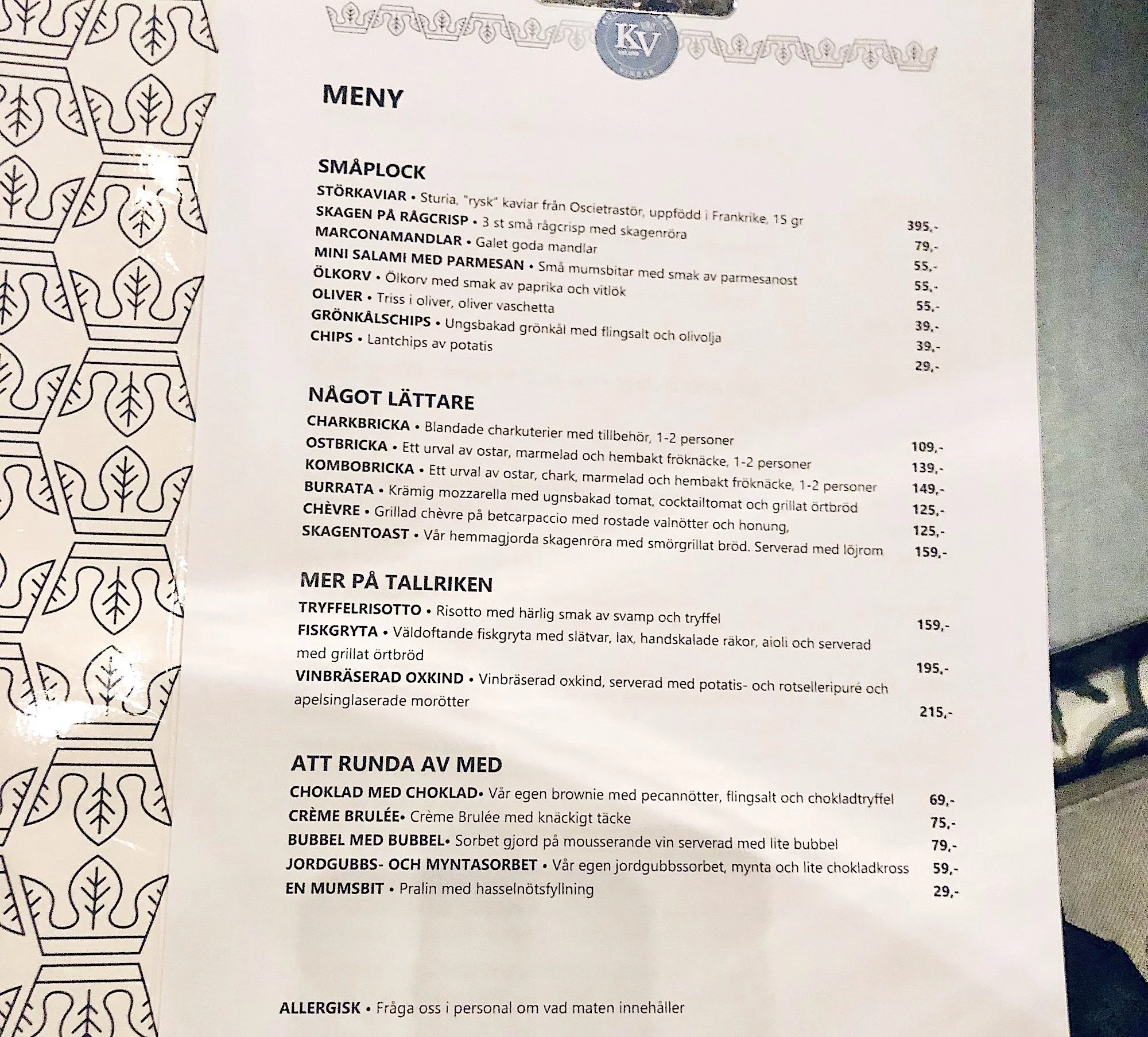 Menyn på Kungsholmens Vinbar.