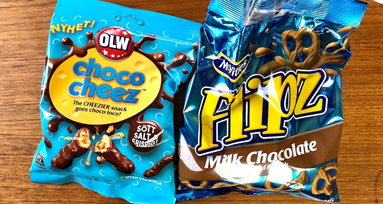 Jag har testat chokladdoppade salta snacks: Choco Cheez från OLW och Flipz från McVities.