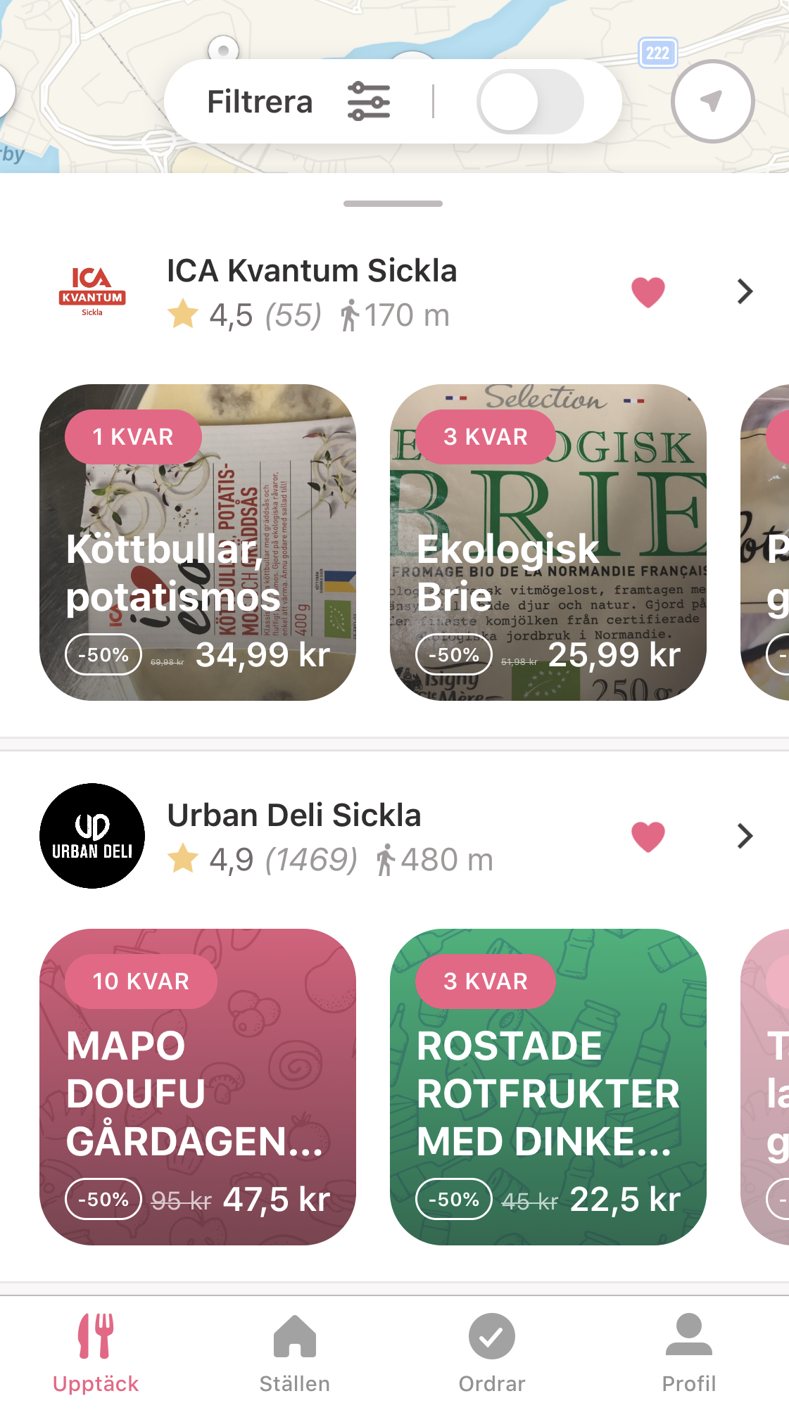I Karmas app kan du se vilka restauranger i närheten som säljer ut maträtter och nedsatta utgående produkter hos olika matbutiker.