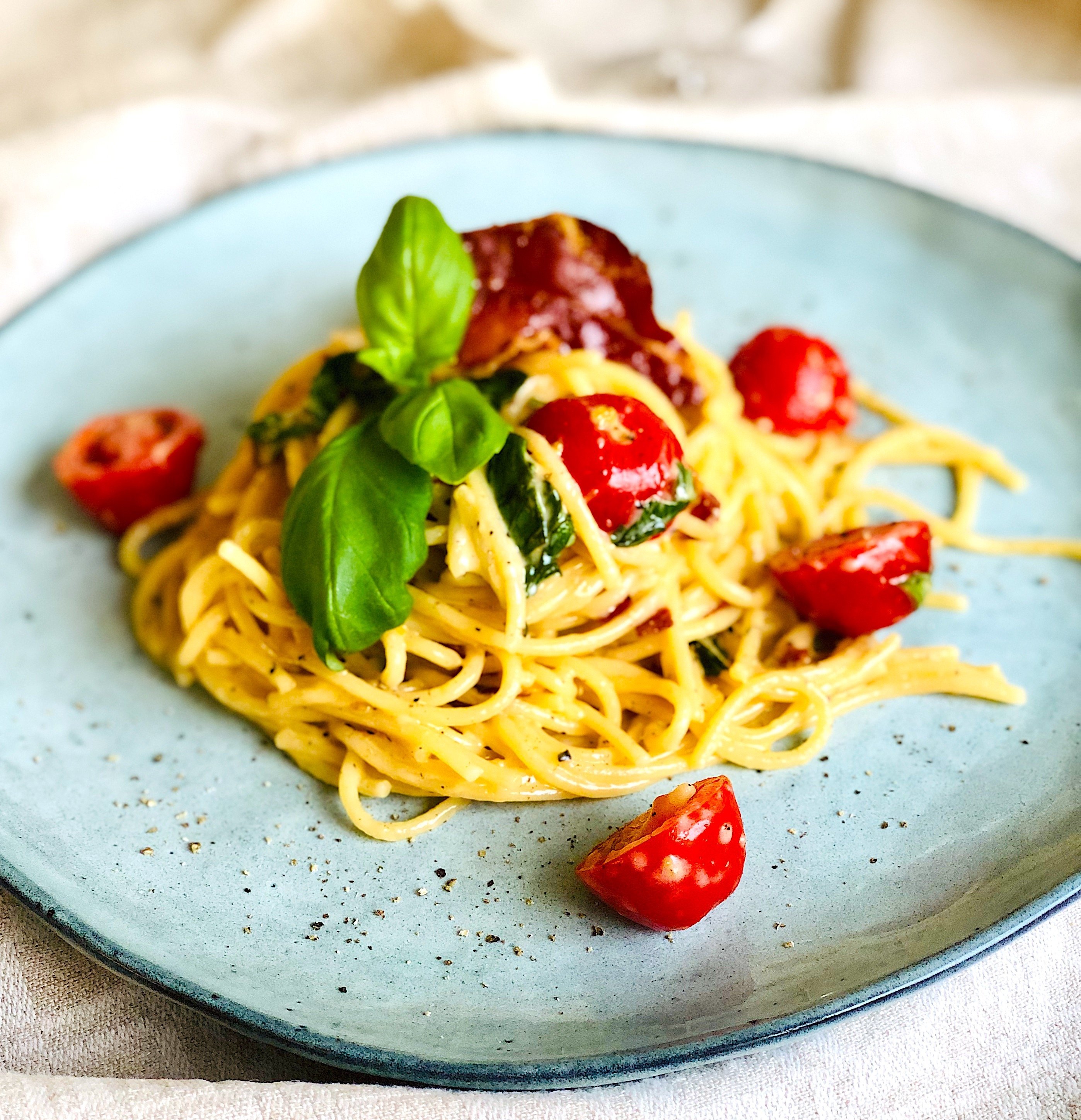 Spaghetti med Speck och Stilfser, fläsk och ost från Sydtyrolen.