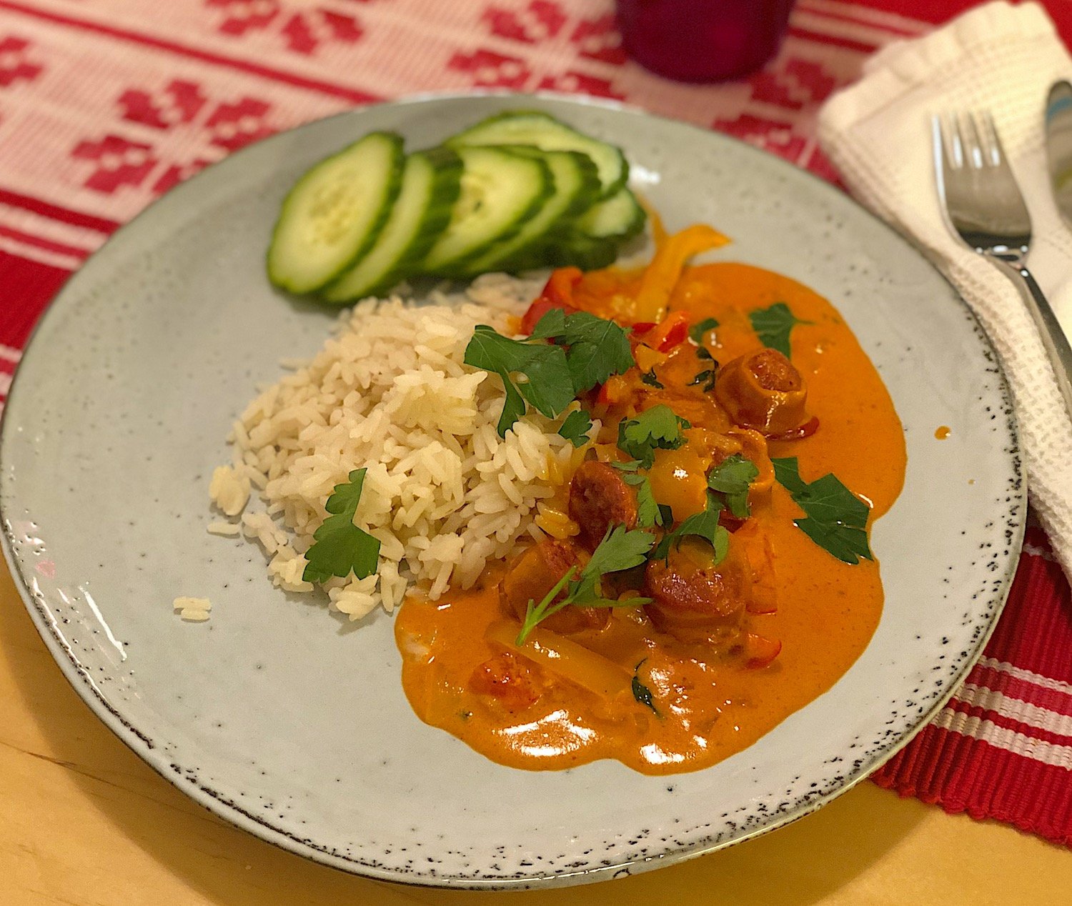 Korv Stroganoff med chorizo och paprika
