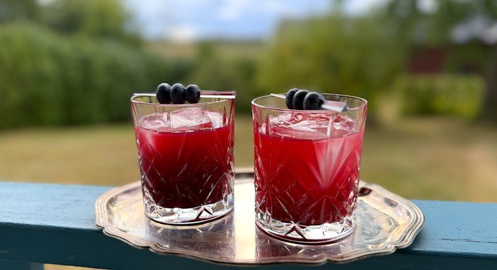 Gindrinken Blue Hour blir extra snygg med färska blåbär som garnityr, men har du inte det fungerar en skiva citron utmärkt.